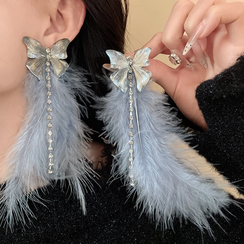 铜合金羽毛耳饰 墨蓝色羽毛长款流苏耳钉轻奢耳环秋冬夸张耳饰女