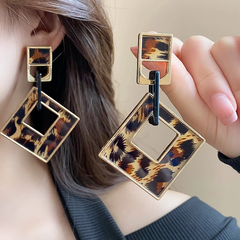 合金亚克力耳饰 复古豹纹方形耳环高级感耳坠港风耳钉美拉德耳饰
