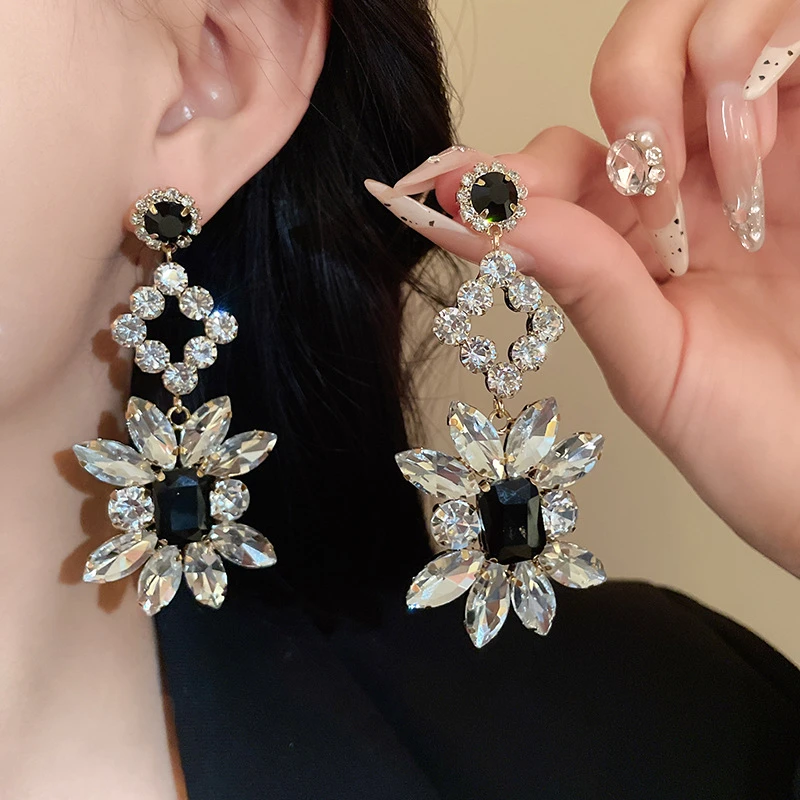 铜合金铅玻璃耳饰 夸张闪钻菱形花朵耳环高级感耳坠轻奢小众耳饰