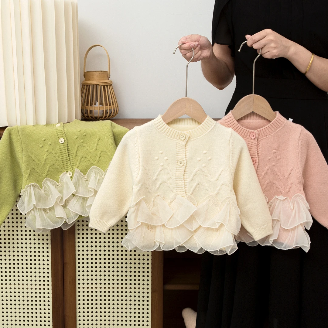 儿童针织纱裙欧根纱纯色蕾丝下摆秋冬新款毛衣开衫女童宝宝可爱风