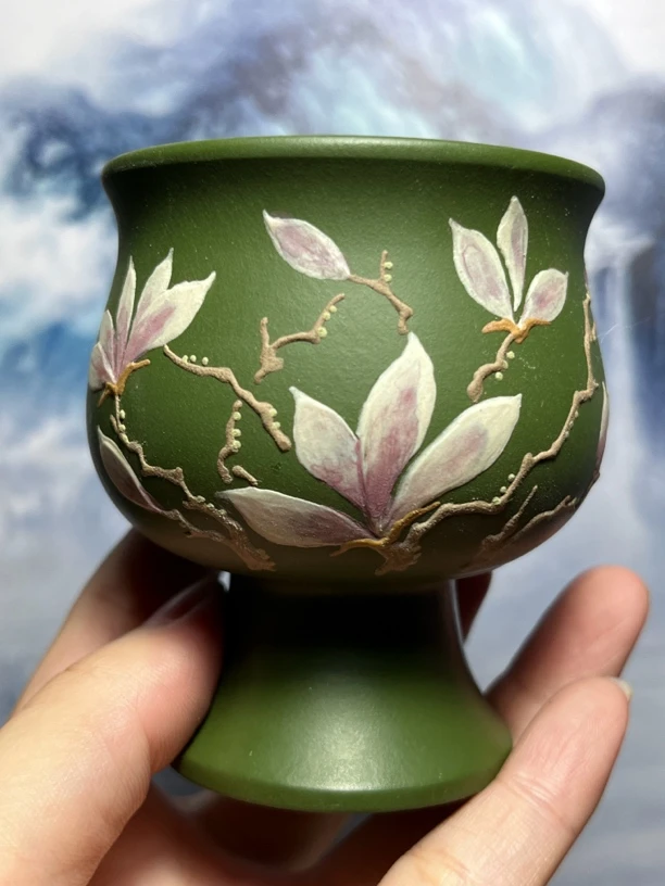 宜兴紫砂绿泥高脚杯紫砂茶杯绿泥手工堆绘花朵茶具收藏品茗主人杯
