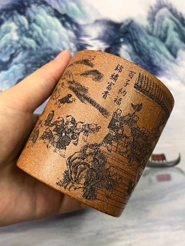 宜兴原矿降坡泥百子图直筒紫砂茶器主人杯