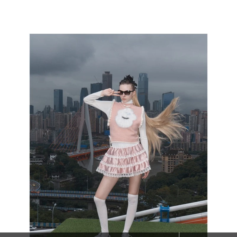 0517复古可爱少女毛茸茸小狗提花荷叶边背心