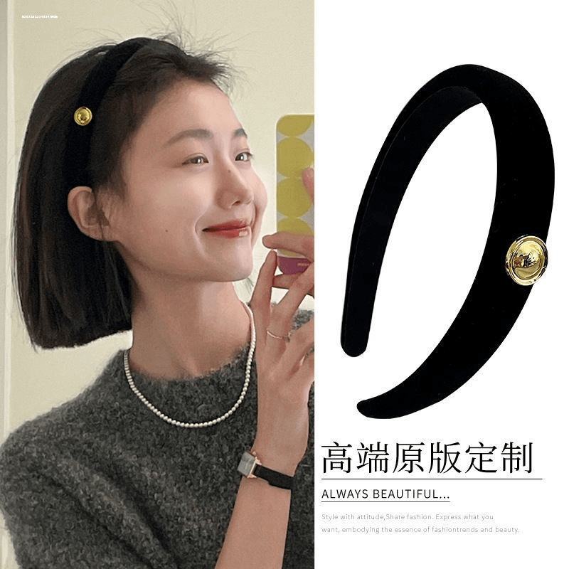 复古精致2024少女气质发捆发饰百搭头饰ins显白黑色色纽扣发箍
