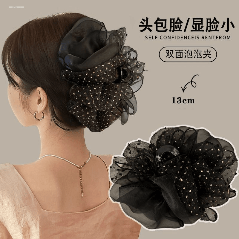 韩系双拼网纱抓夹新款无痕精致气质显白质感2024百搭简约时尚