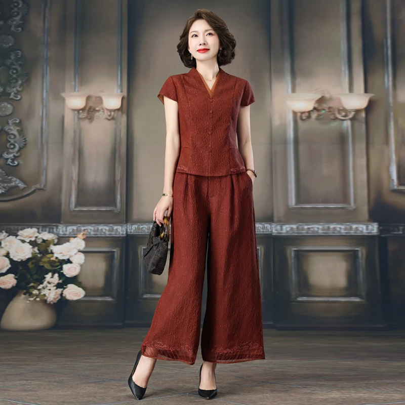 2025中国风夏装短袖时尚高端刺绣套装女式五一百搭老钱风女装显瘦