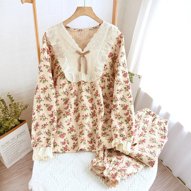 碎花睡衣家居服玫瑰花家居服可爱复古甜美家居服套装韩版长袖秋季