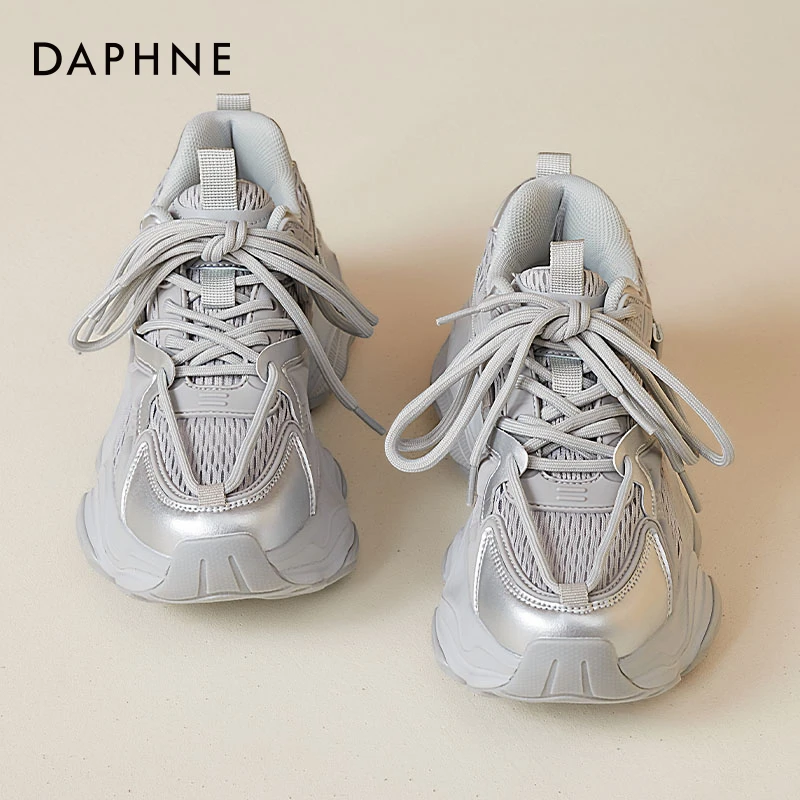 达芙妮银色老爹鞋女2025夏季厚底网面透气女鞋百搭休闲运动鞋