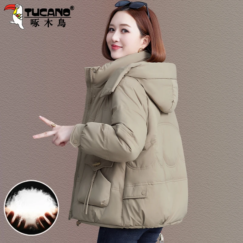 【官方】啄木鸟连帽棉服女款冬季新款洋气妈妈宽松加厚冬装棉衣