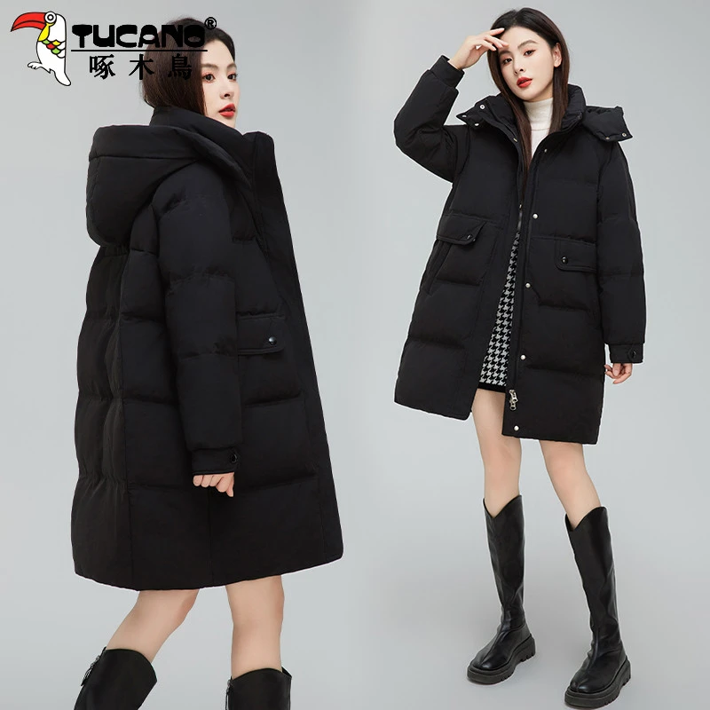 【官方】啄木鸟黑色白鸭绒羽绒服女冬装新款宽松保暖中长款韩版外套