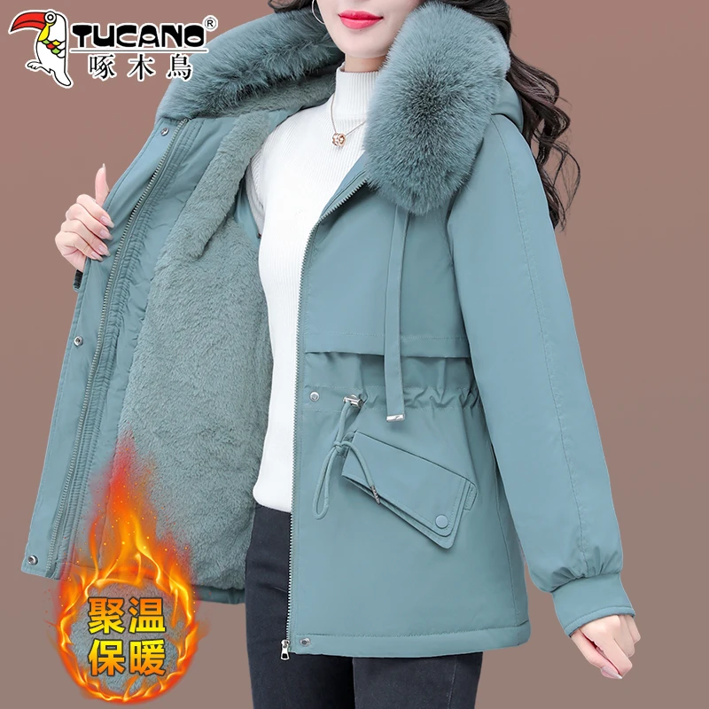 【官方】啄木鸟棉衣外套冬季2025新款加绒保暖派克服连帽中长款棉