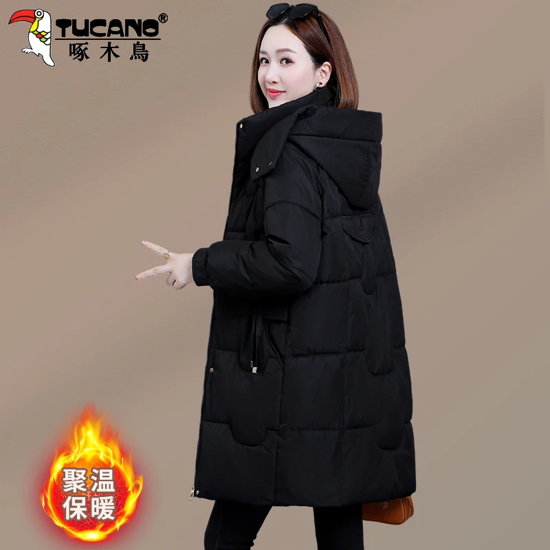 【官方】啄木鸟长款棉服女新款冬季洋气女士棉衣防风保暖黑色外套