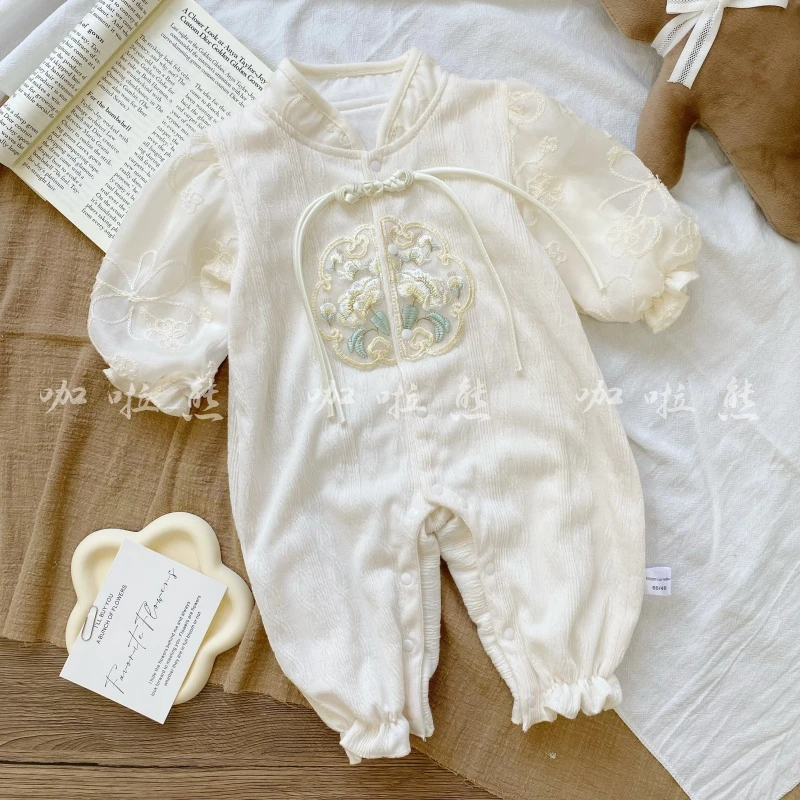 春秋款宝宝衣服盘扣团绣国色天香男女宝宝国风新中式双层哈衣