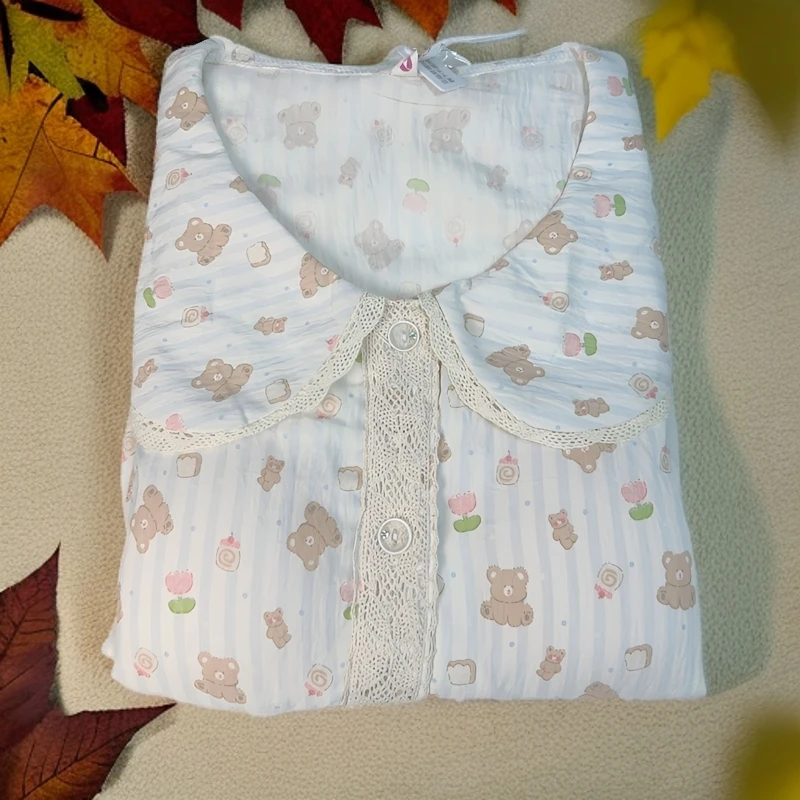 126【长袖长裤带胸垫】蓝色小熊娃娃领睡衣女家居服云感棉秋双长款