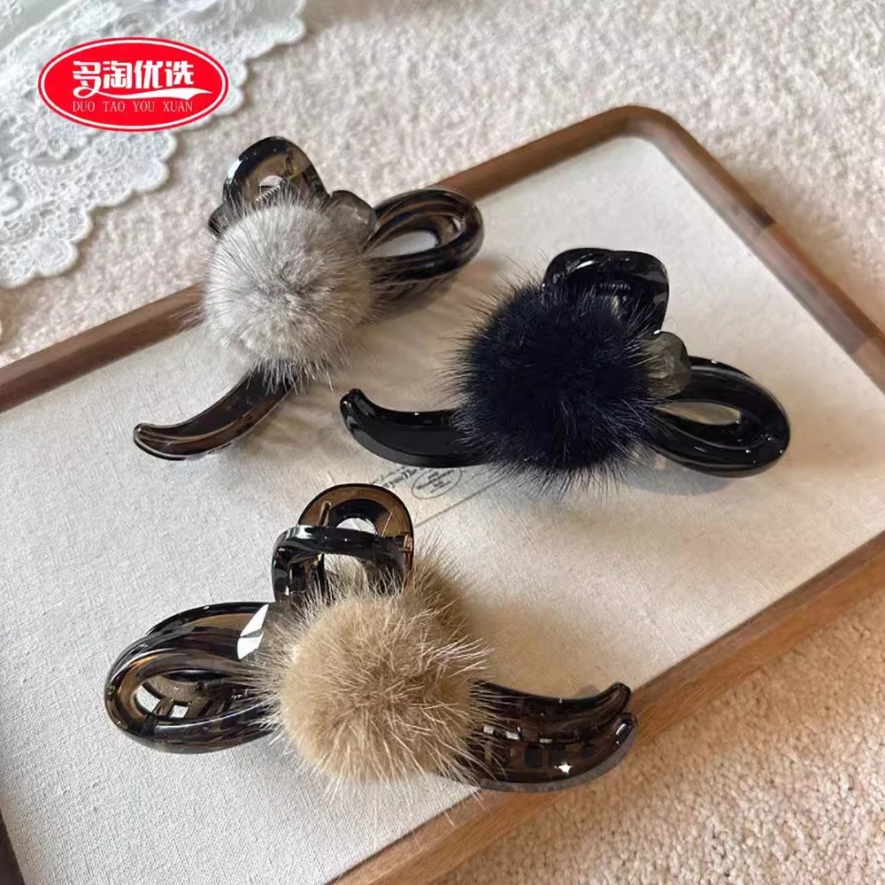 秋冬大号复古气质氛围感水貂毛高级抓夹后脑勺盘发发夹轻奢鲨鱼夹