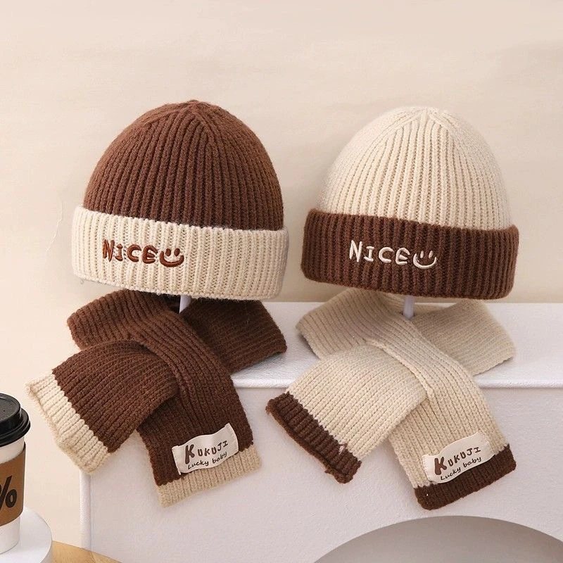 儿童男女宝宝秋冬季针织帽围巾套装保暖防风护耳儿童毛线帽新款潮