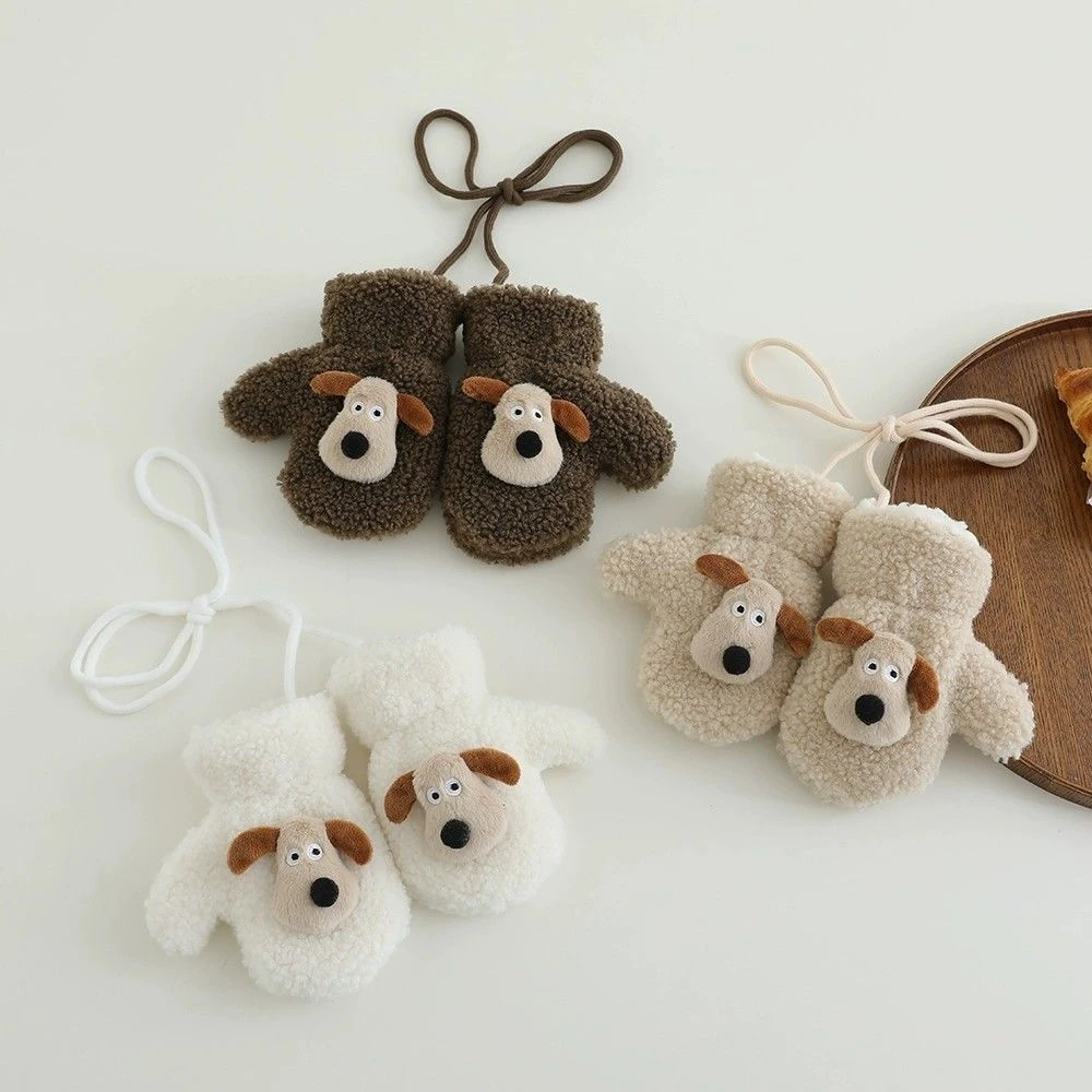 韩版宝宝手套秋冬加厚保暖可爱1-4岁儿童男女童连指挂脖小狗手套2