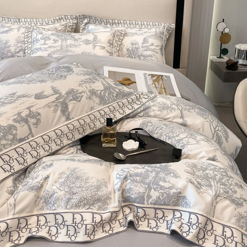 欧式轻奢冰丝四件套春夏床上水墨画夏天真丝滑床单被套丝裸睡床笠