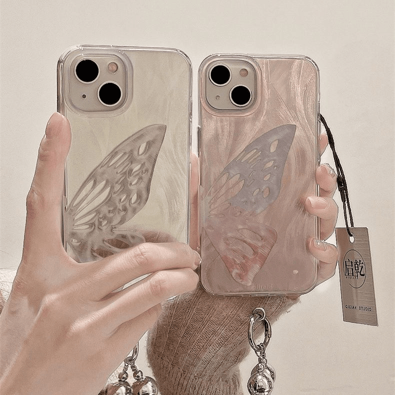 羽纱渐变粉色蝴蝶iPhone15手机壳苹果14/13promax全包12/11挂绳女