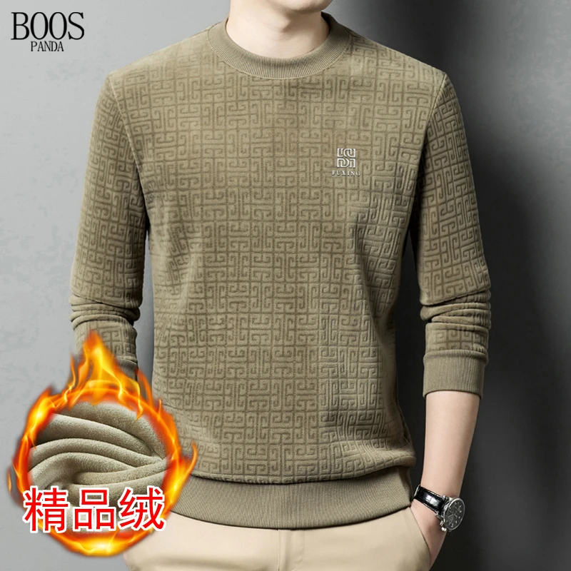 PADANBOOS冬季加绒加厚针织衫保暖圆领提花休闲高档男士品牌卫衣