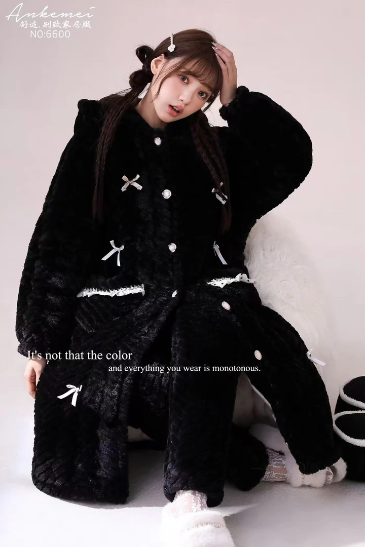 三层夹棉睡衣 长款 家居服 保暖 特厚 冬款连帽加绒 家居服加厚