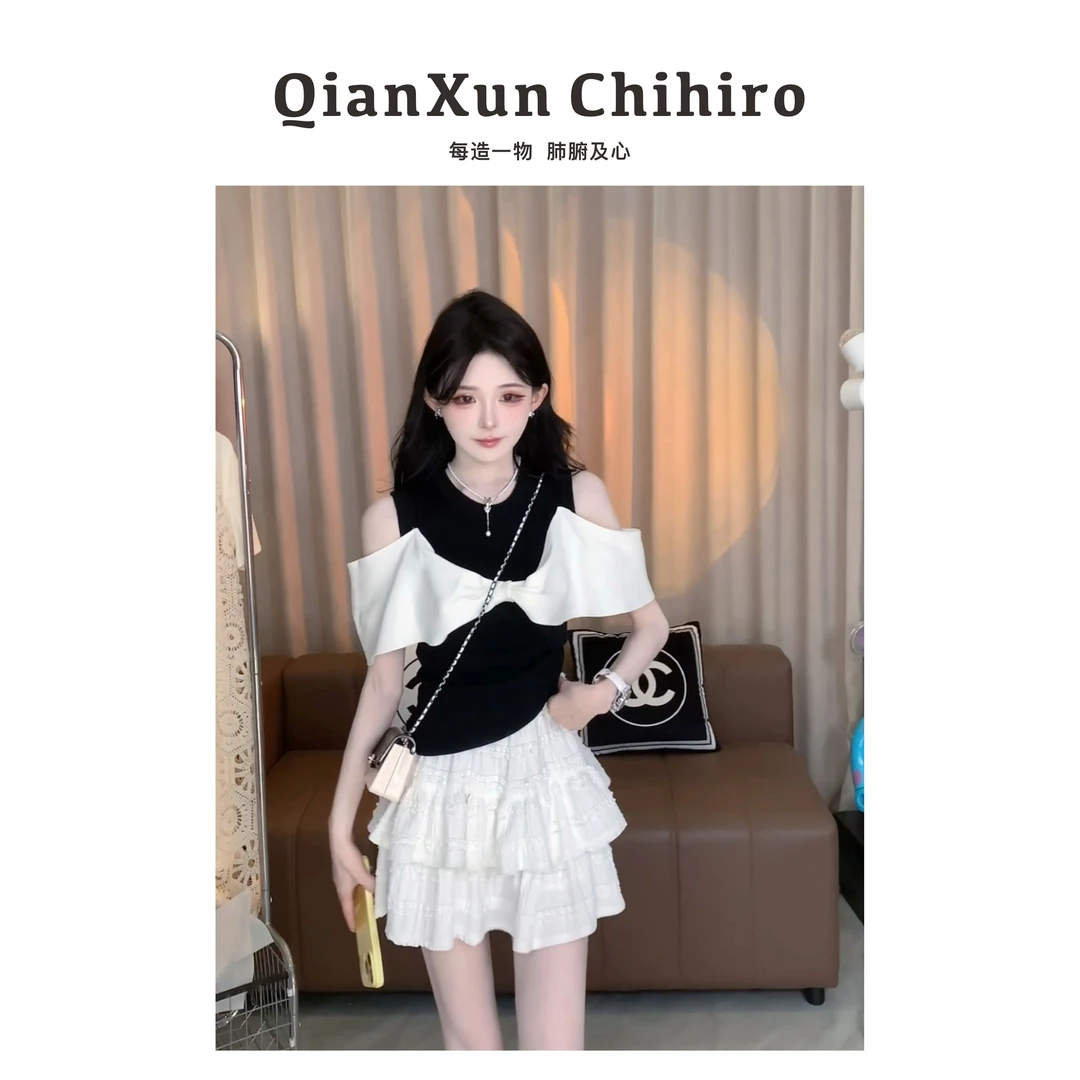 【千寻严选】X4ZZS6366A夏季时尚百搭拼接撞色假两件针织衫女小香风