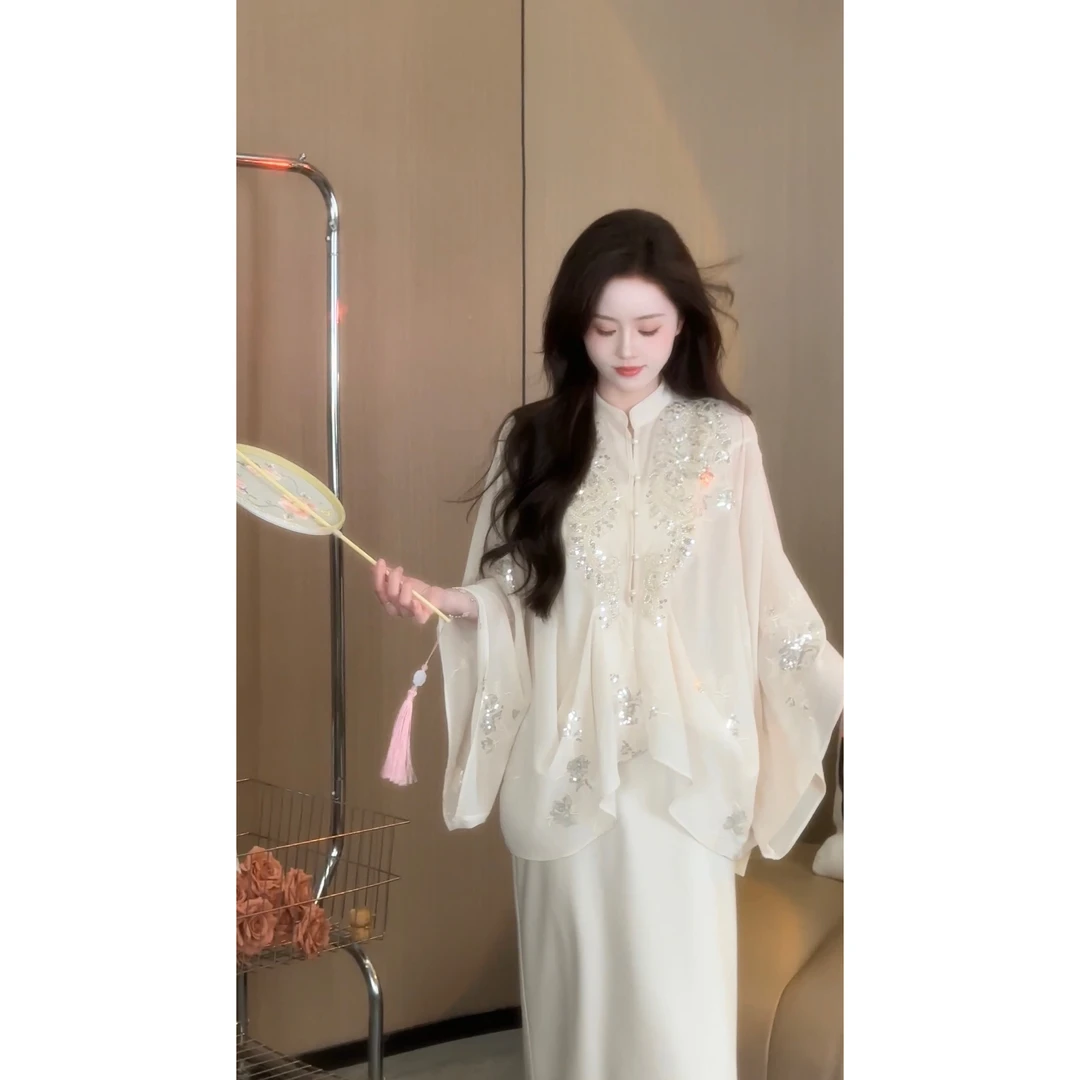 千寻严选●JJC4TZ0102H时尚提花中国风纯色新中式蕾丝衬衫+半裙