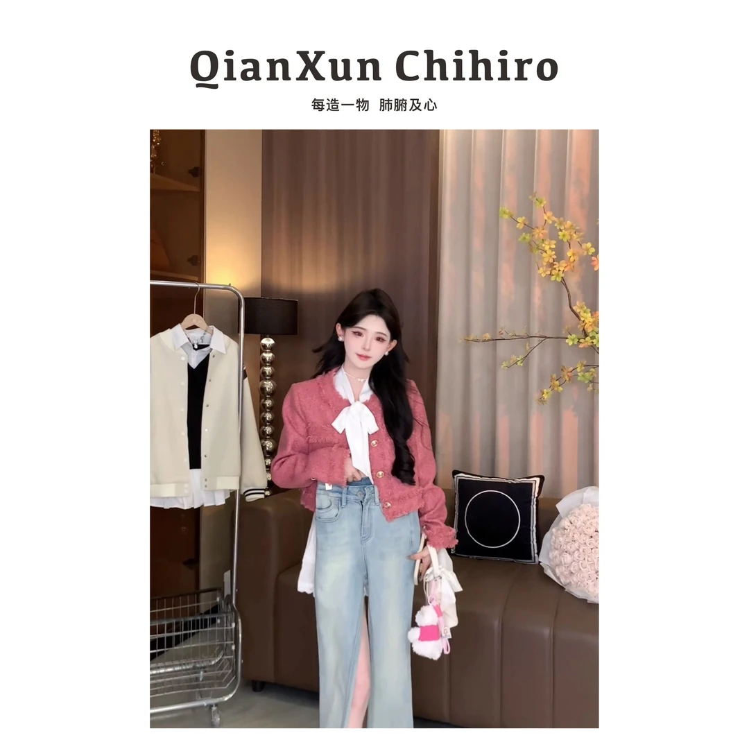 【千寻严选】时尚休闲宽松百搭粉色毛边短款长袖上衣外套X4WT6752A