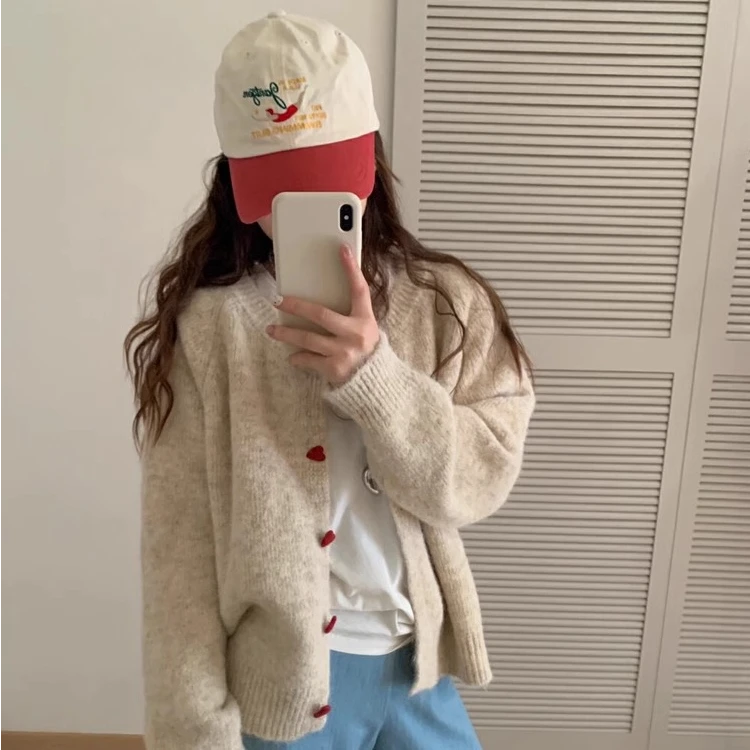 24款韩版新款圆领设计感爱心扣ins风百搭宽松慵懒长袖毛衣针织衫