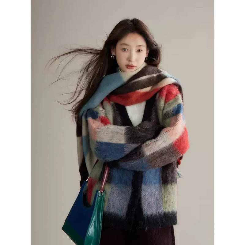 uare小众设计 十二个圣诞故事马海撞色格纹毛衣开衫外套SW79W5015