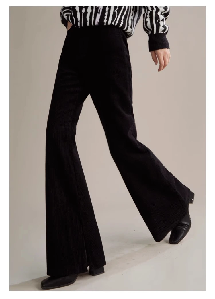 uare小众设计  复古灯芯绒显瘦喇叭裤开叉休闲长裤 P79W9604