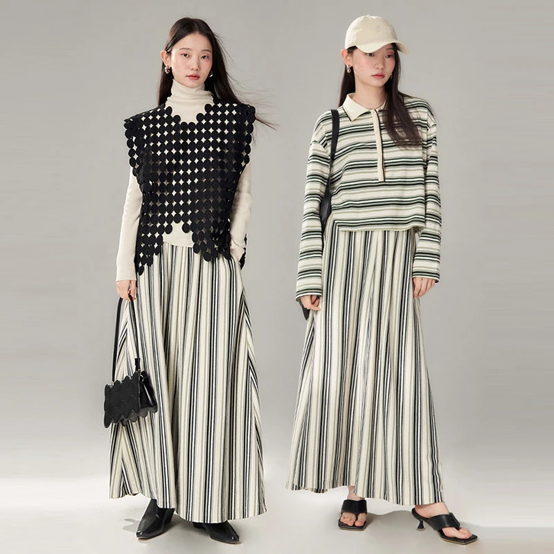 原创设计 easy chic颗粒肌理条纹针织长袖POLO衫半裙套装