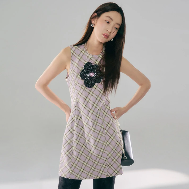 uare原创设计 紫格织梦撞色格子亮片绣花千金背心连衣裙D82N20413