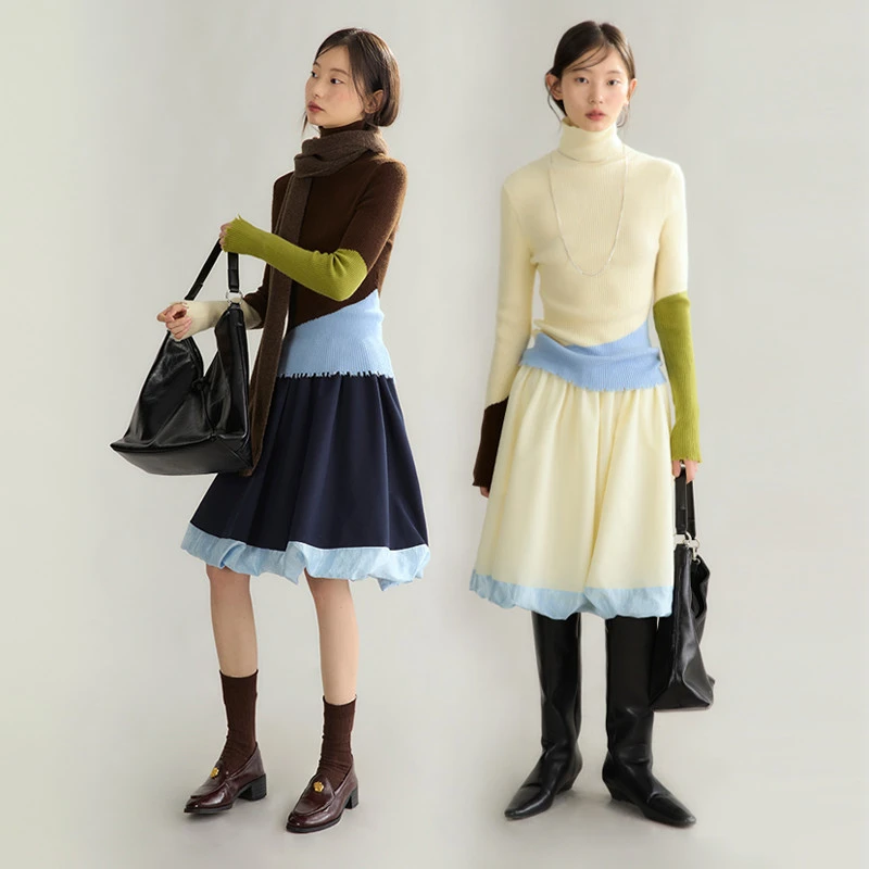 有耳uare 天才女友 miu系知识分子风撞色拼接花苞半身裙P83N14615