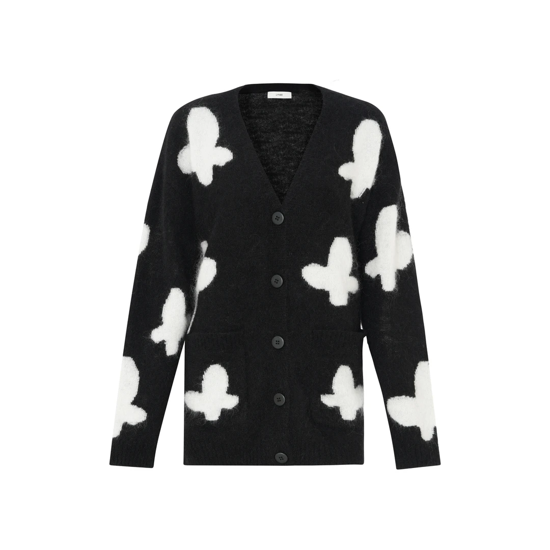 LYNEE 马海毛蝴蝶提花宽松V领针织开衫上衣女外套 LGD2EAK025