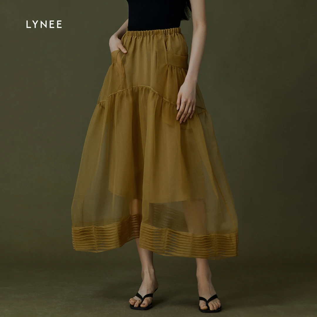 LYNEE 秋季高腰美拉德A字半身裙松紧腰碎褶纱 LGD2DSW287