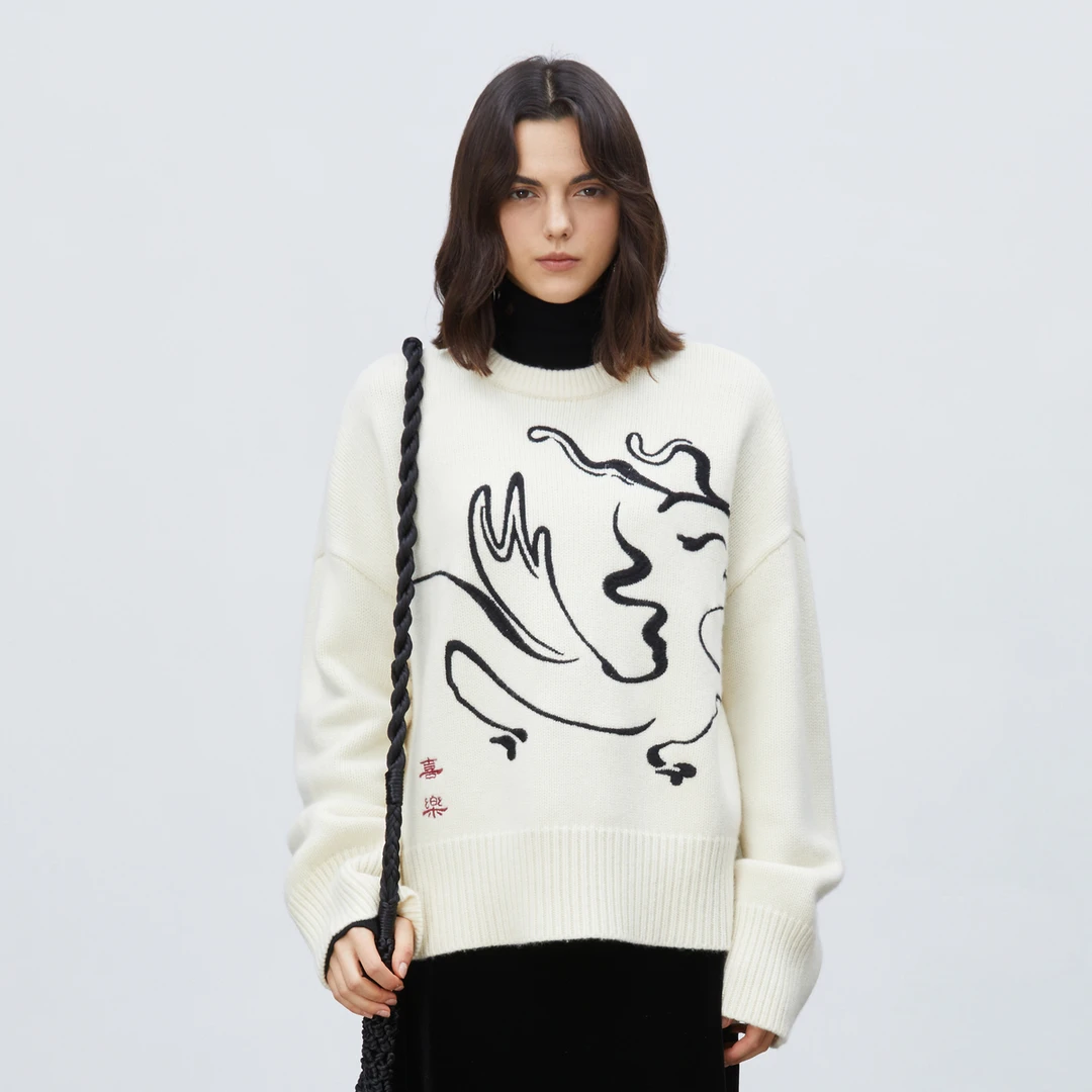 LYNEE 美丽奴羊毛手绘龙形圆领毛衣针织衫时尚气质百搭LGD2DAK110