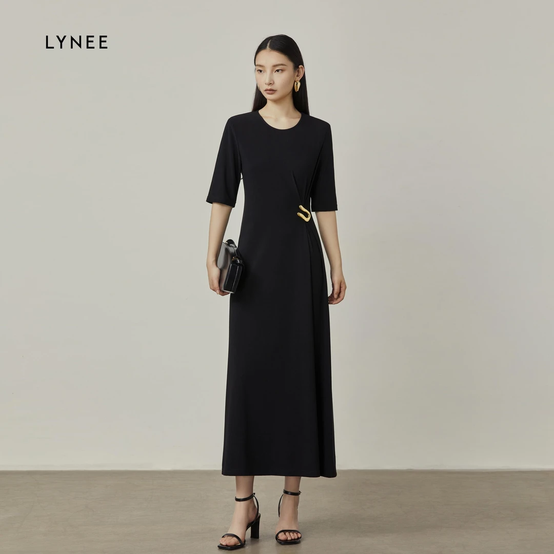 LYNEE设计师品牌 饰扣收褶中袖连衣裙女收腰优雅长裙LGD2DST057