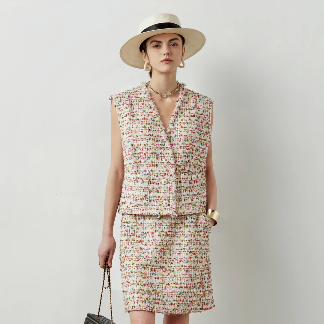 LYNEE 格纹肌理感V领马甲A字短款半身裙女 LGD2ESW216/SW217