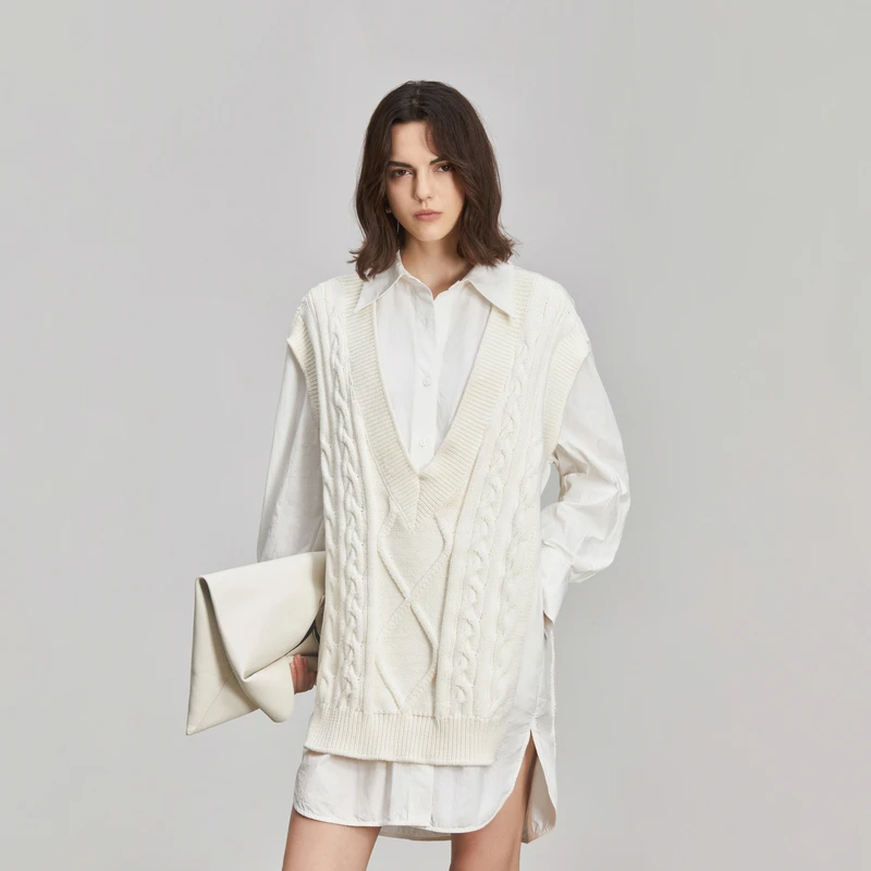 LYNEE 针梭拼接假两件绞花衬衫女 LGD2DAW248