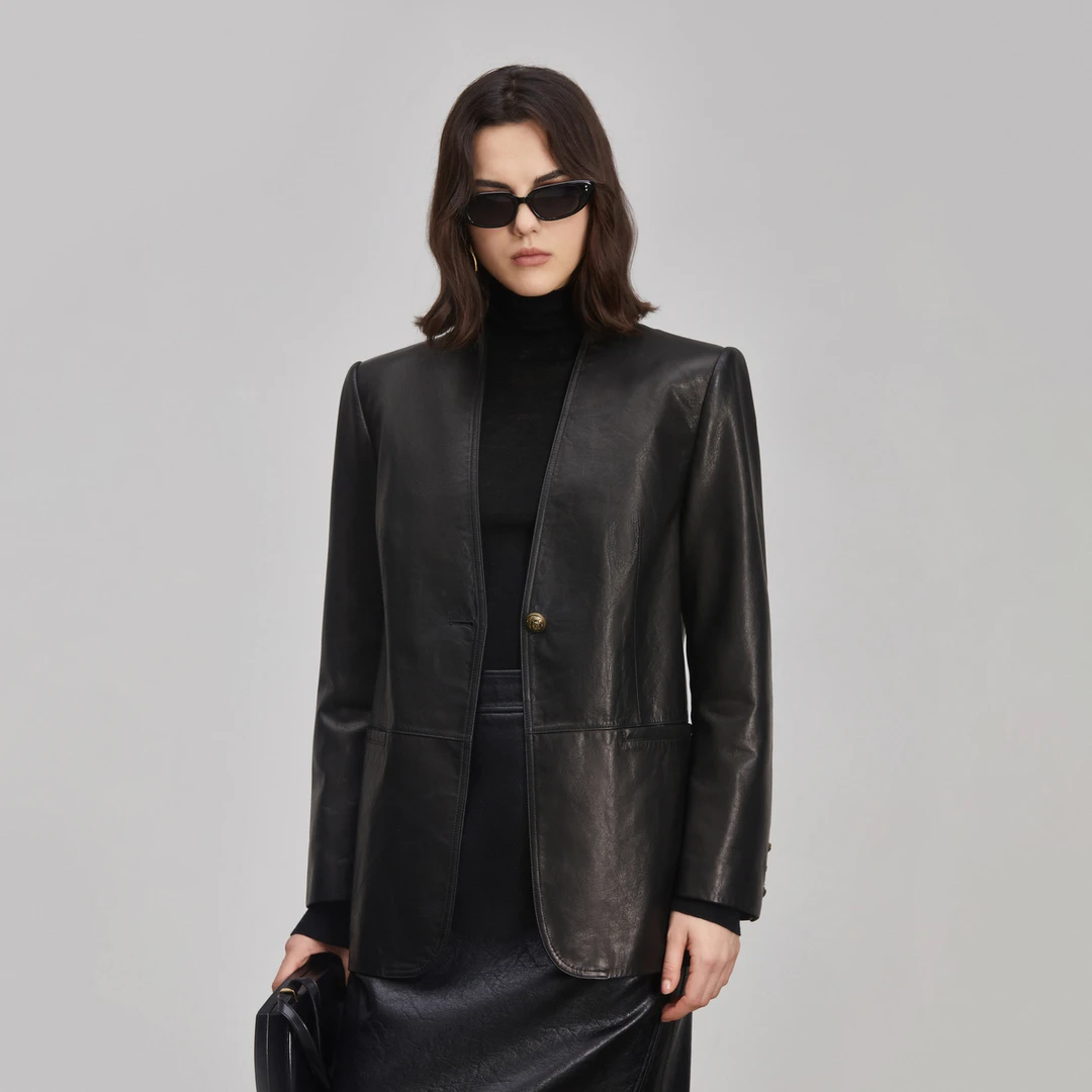 LYNEE 肌理感纹理无领宽松皮西装外套女LGD2DAL022