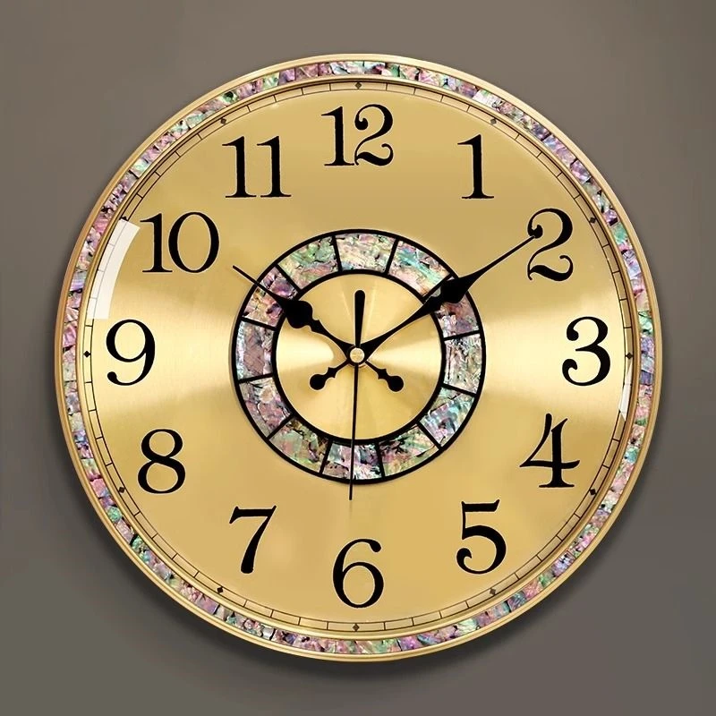 2025挂钟客厅简约百搭贝壳家用时尚圆形古铜高档静音时钟表