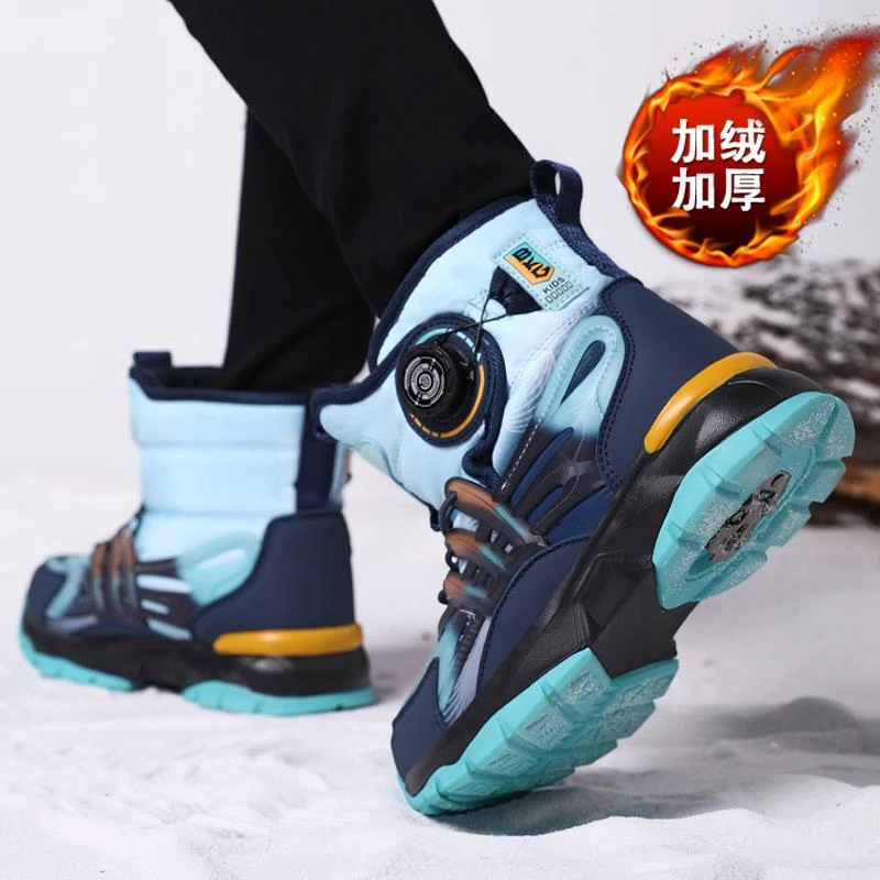 斐乐家男童雪地靴2023年冬季新款儿童加绒加厚保暖旋转钮扣大棉靴