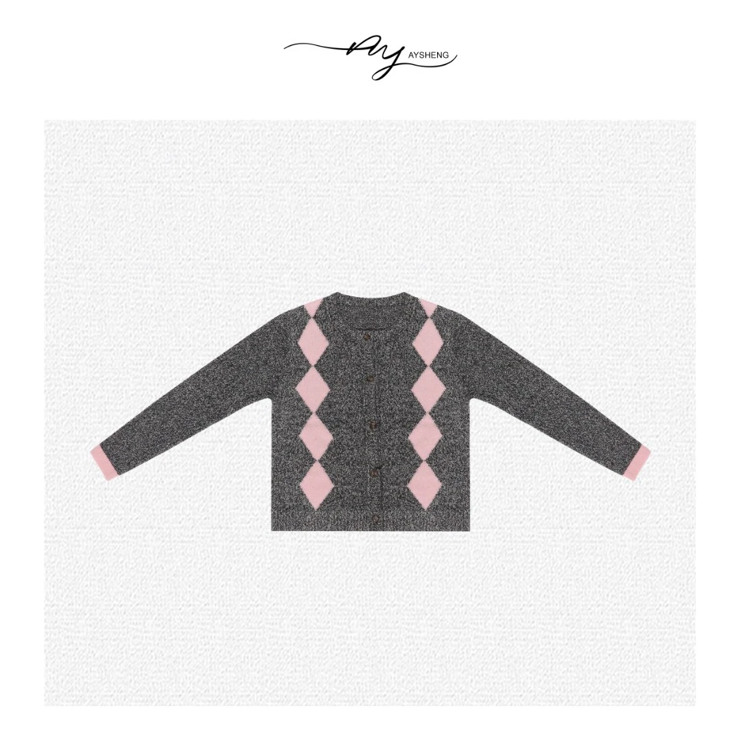 TXB 100%羊毛13支捻纱工艺菱形格提花撞色嵌边针织开衫-6332