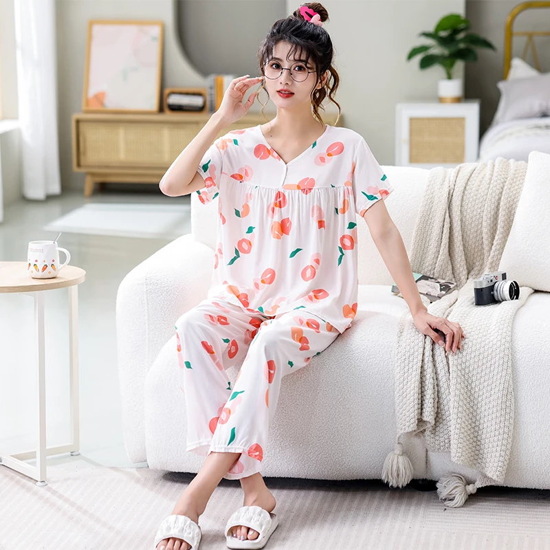绵绸睡衣韩版甜美可外穿套装短袖棉绸女夏季妈妈款大码空调家居服