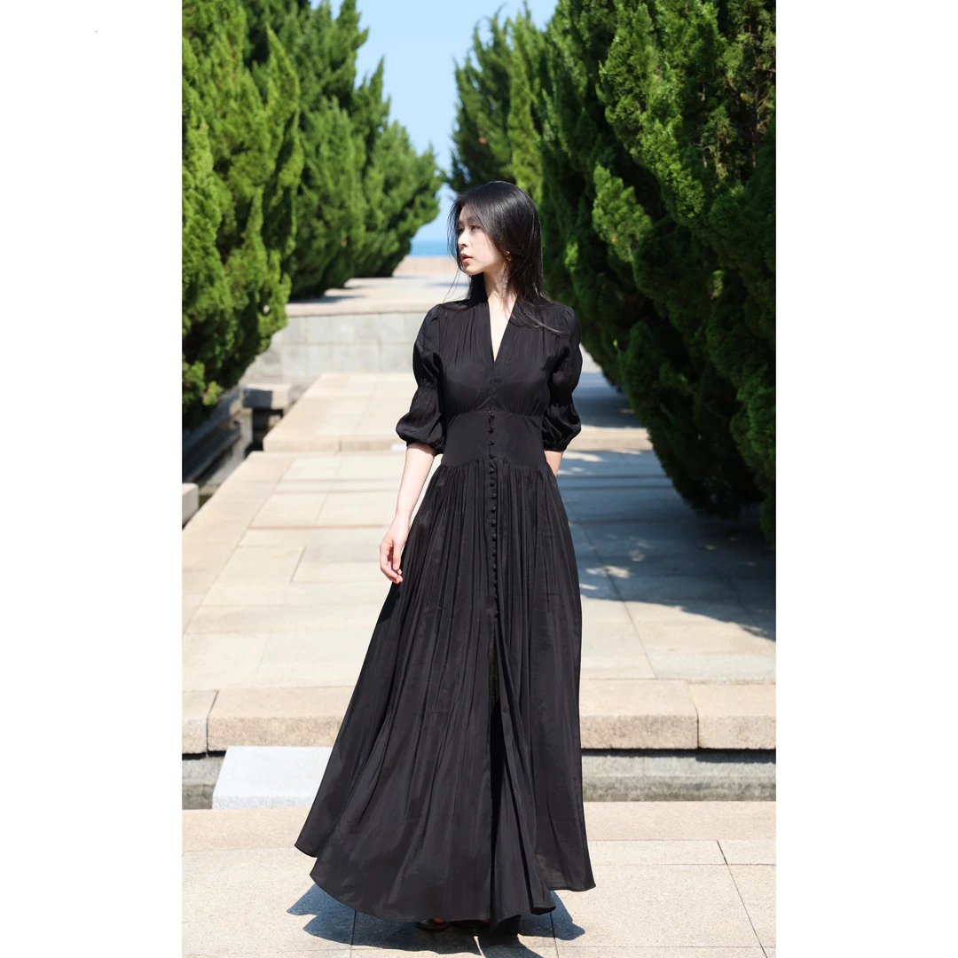 【清仓活动款】【罗马假日 】 度假单排扣开叉大裙摆宫廷风复古连衣裙