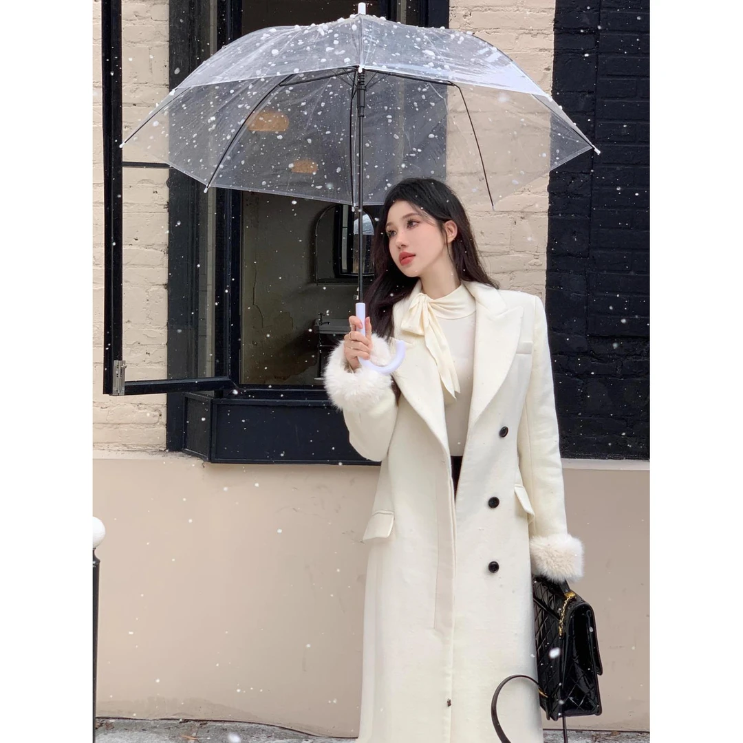 法式名媛气质过膝中长款呢子大衣女秋冬季毛毛袖套高级感毛呢外套