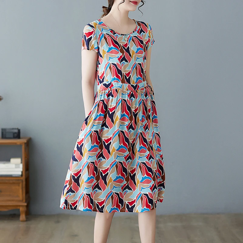 棉绸短袖连衣裙女夏新款大码宽松遮肚显瘦休闲收腰系带中长款裙子