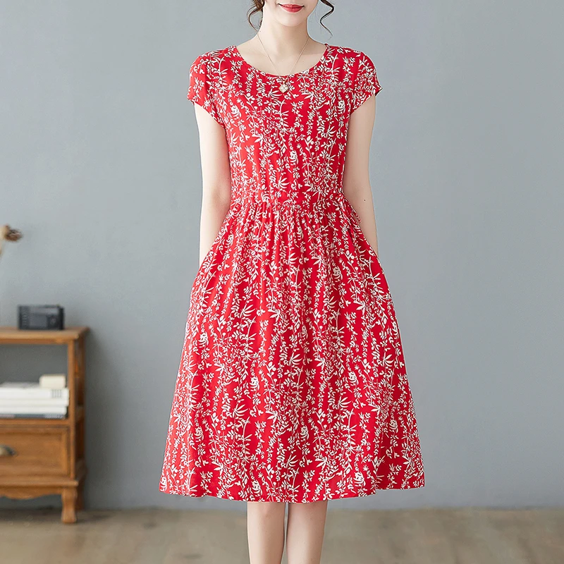棉绸短袖连衣裙女夏新款洋气宽松显瘦收腰系带遮肚过膝中长款裙子