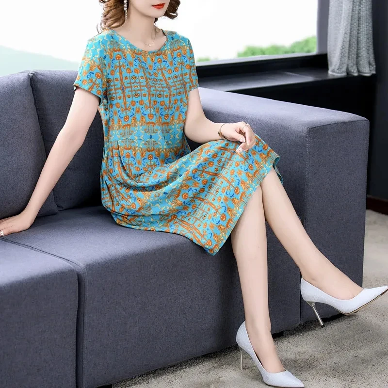 棉绸短袖连衣裙女夏新款宽松显瘦居家可外穿中老年家居服睡衣裙子